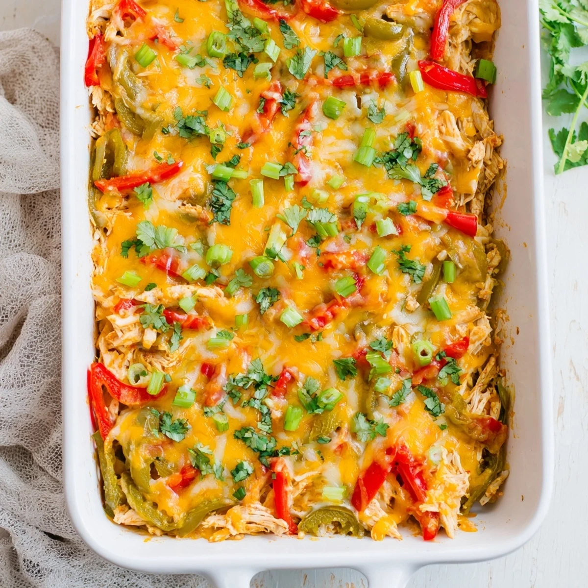 Golden bubbly cheesy chicken fajita casserole with colorful peppers fresh from the oven