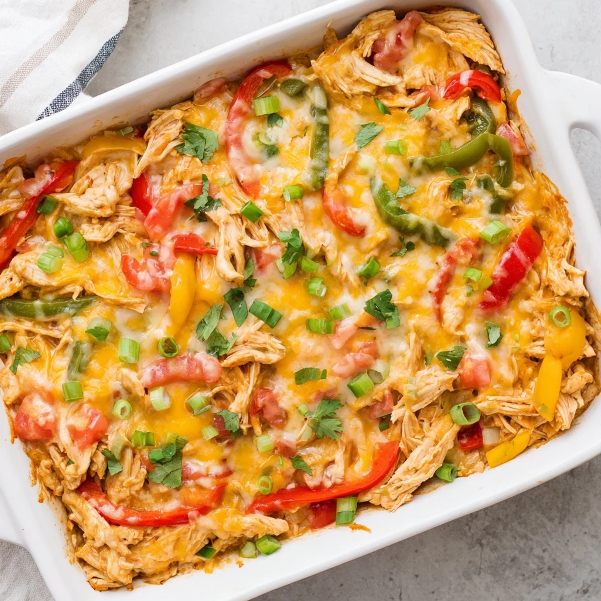 Sizzling cheesy chicken fajita casserole topped with melted cheese and vibrant bell peppers