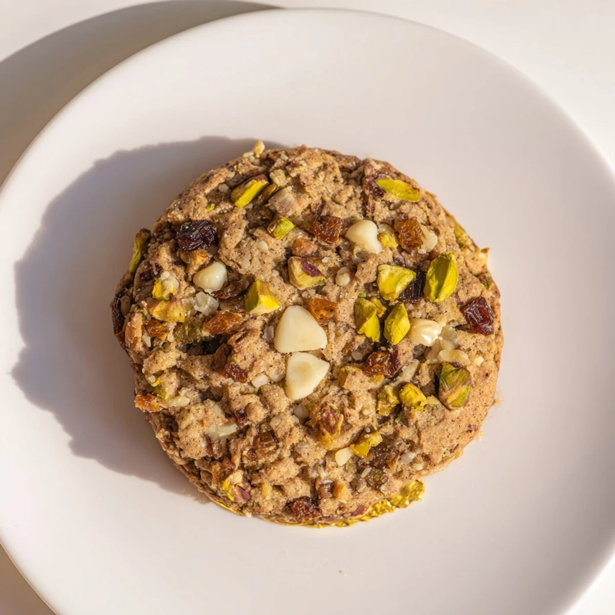 Golden brown Dubai chewy cookie studded with green pistachios and chopped dates