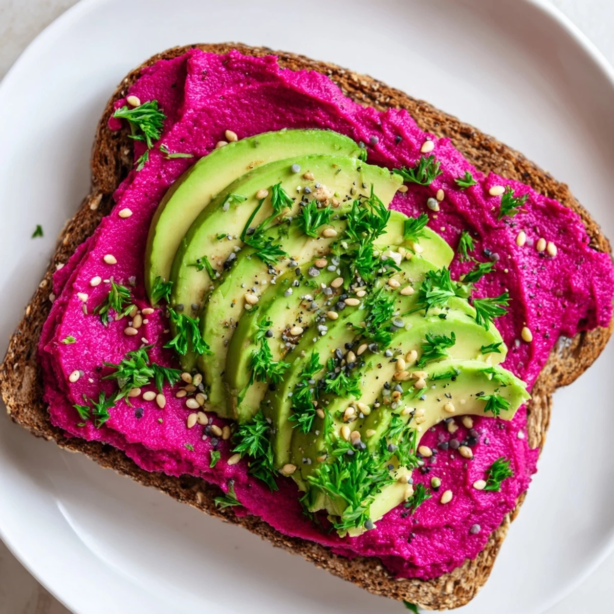 Vibrant avocado beet hummus toast featuring creamy pink spread over crispy sourdough bread slices