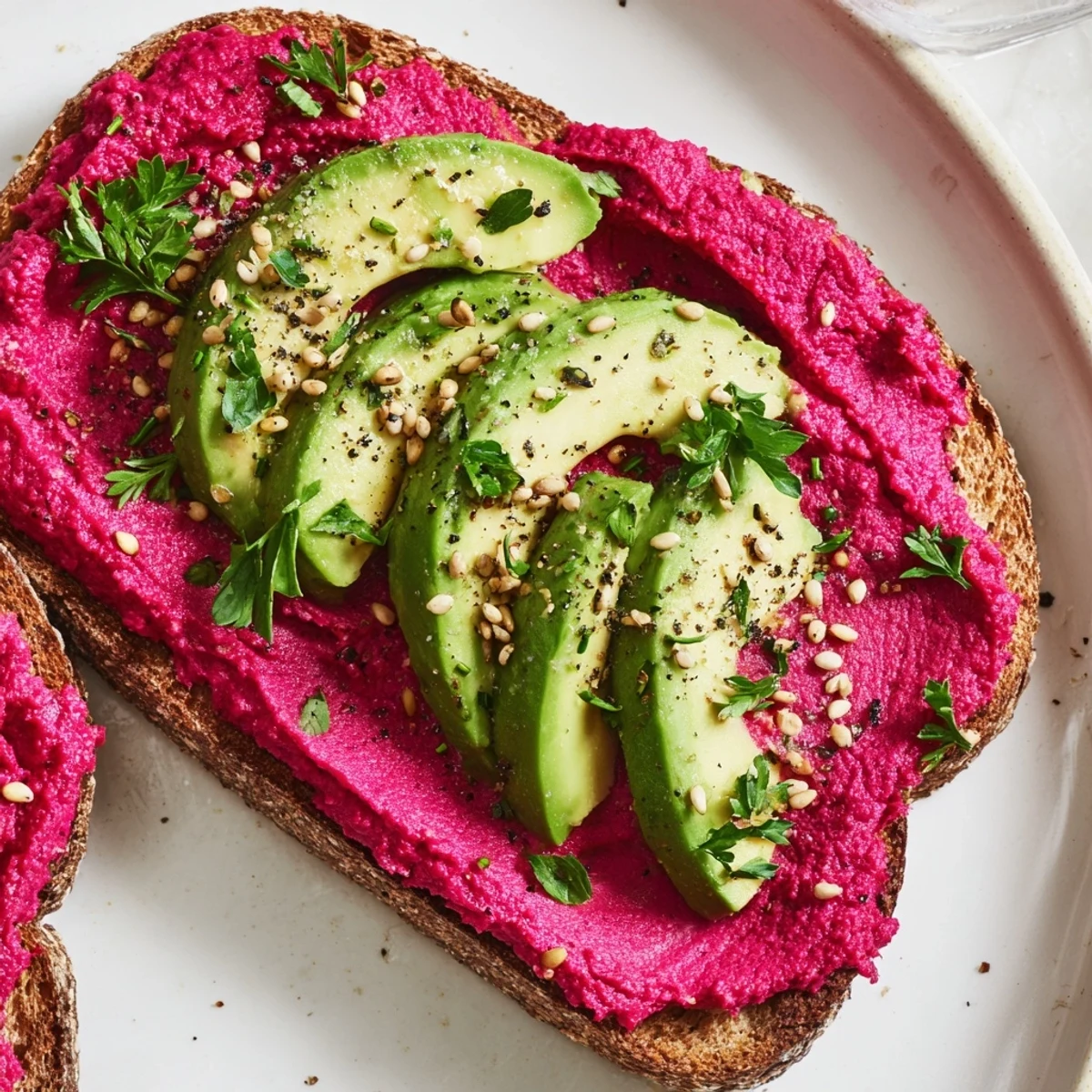 Colorful avocado beet hummus toast garnished with fresh parsley and toasted sesame seeds