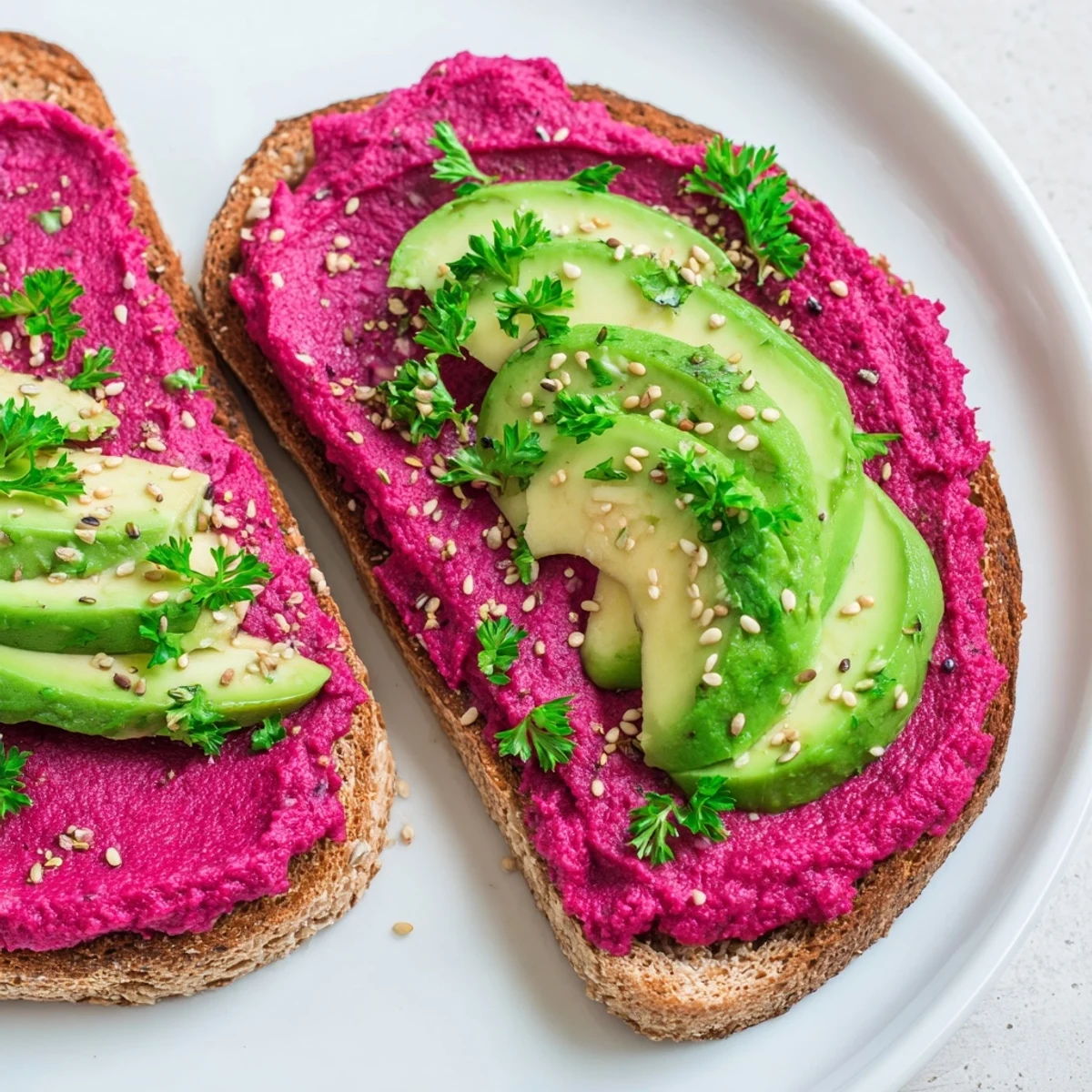 Open-faced avocado beet hummus toast topped with ripe avocado slices and black pepper