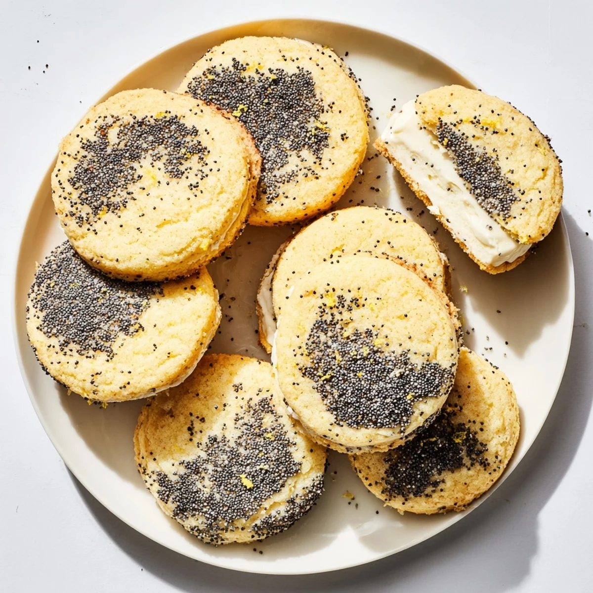 Soft baked lemon poppy seed cheesecake cookies with visible cream cheese filling