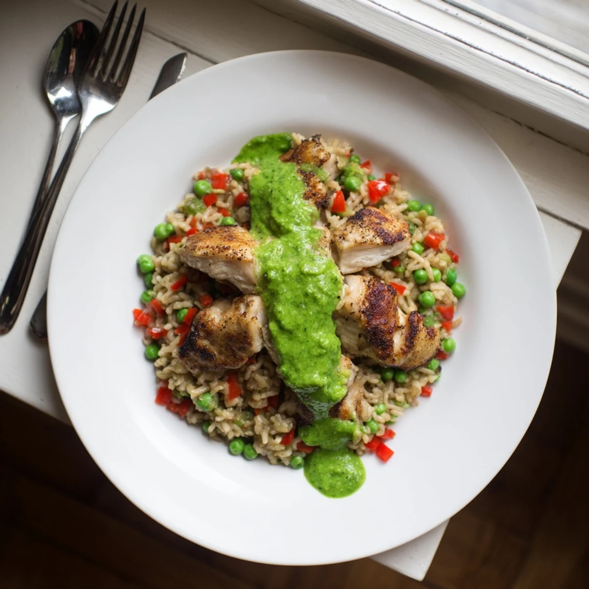 Golden chicken thighs nestled in cilantro-infused rice with vibrant green Peruvian sauce drizzled over top