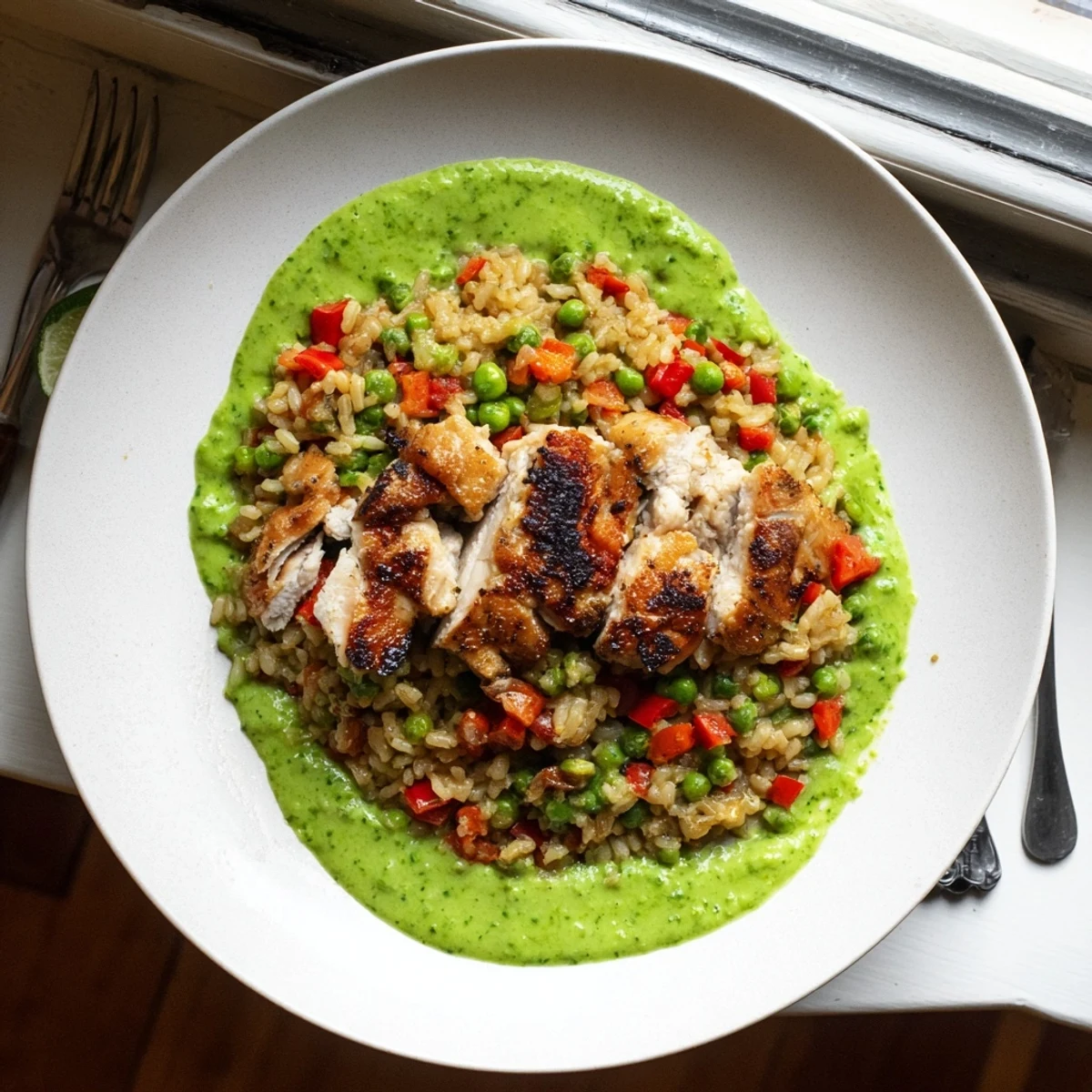 Steaming plate of Peruvian chicken rice topped with creamy Aji Verde sauce and fresh lime wedges