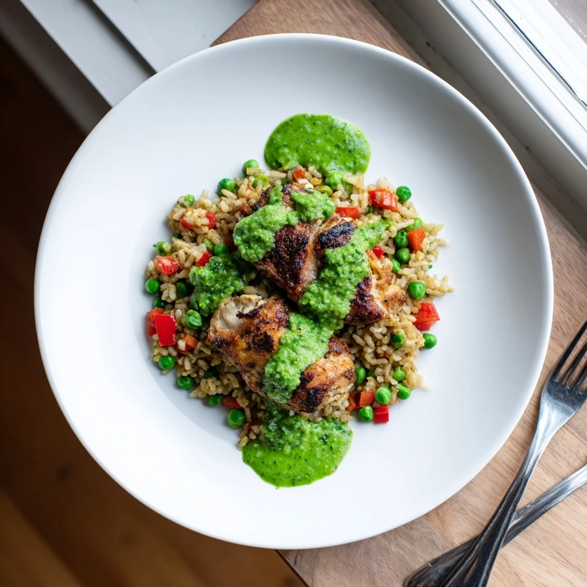Juicy spiced chicken and fluffy rice bowl smothered in zesty green herb sauce with peas scattered throughout