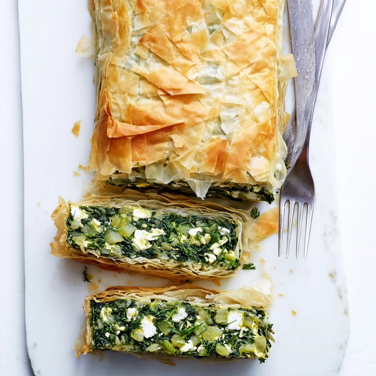 Golden brown authentic Greek spanakopita with crispy phyllo layers and creamy spinach feta filling