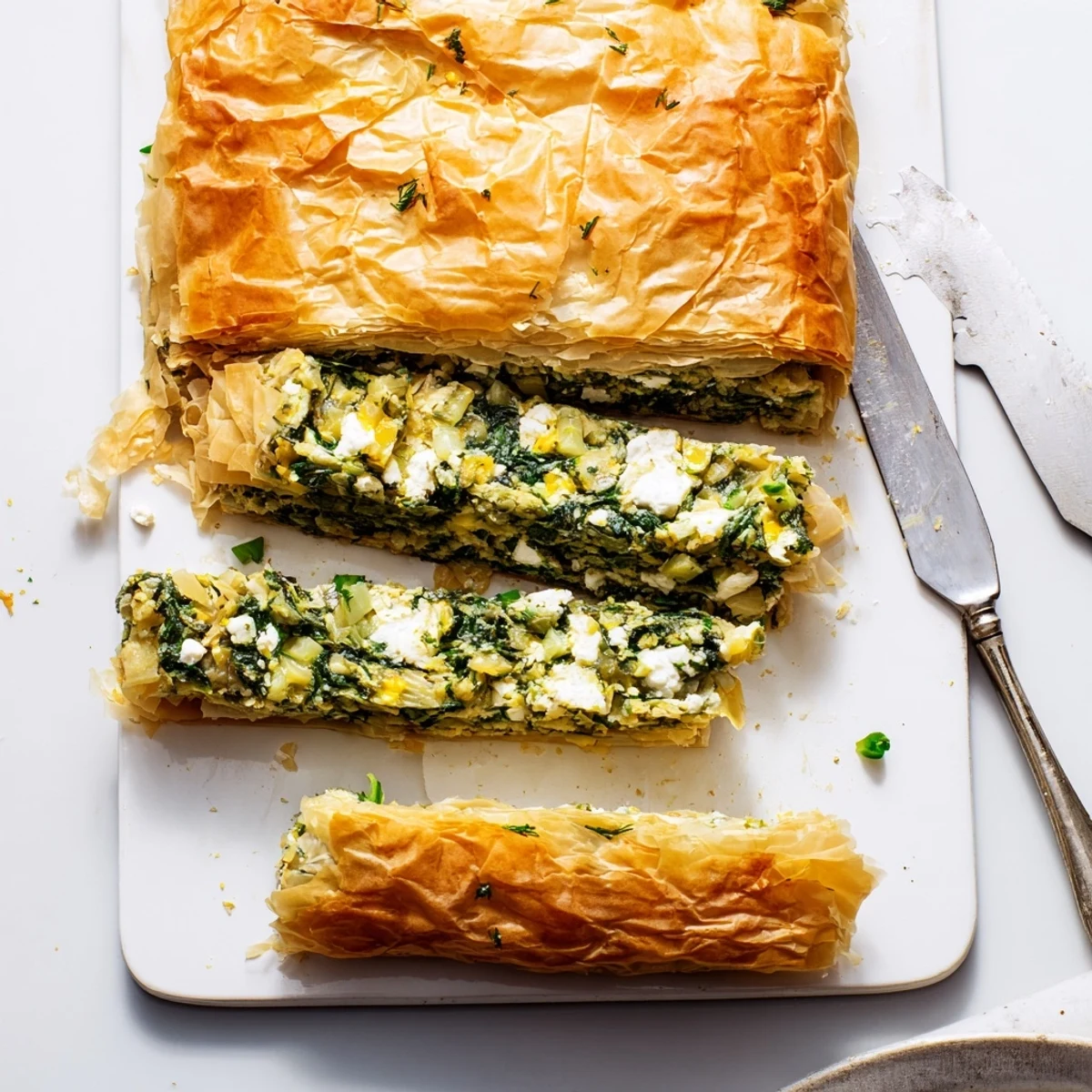 Baked Greek spanakopita triangles with buttery phyllo crust and savory feta spinach center
