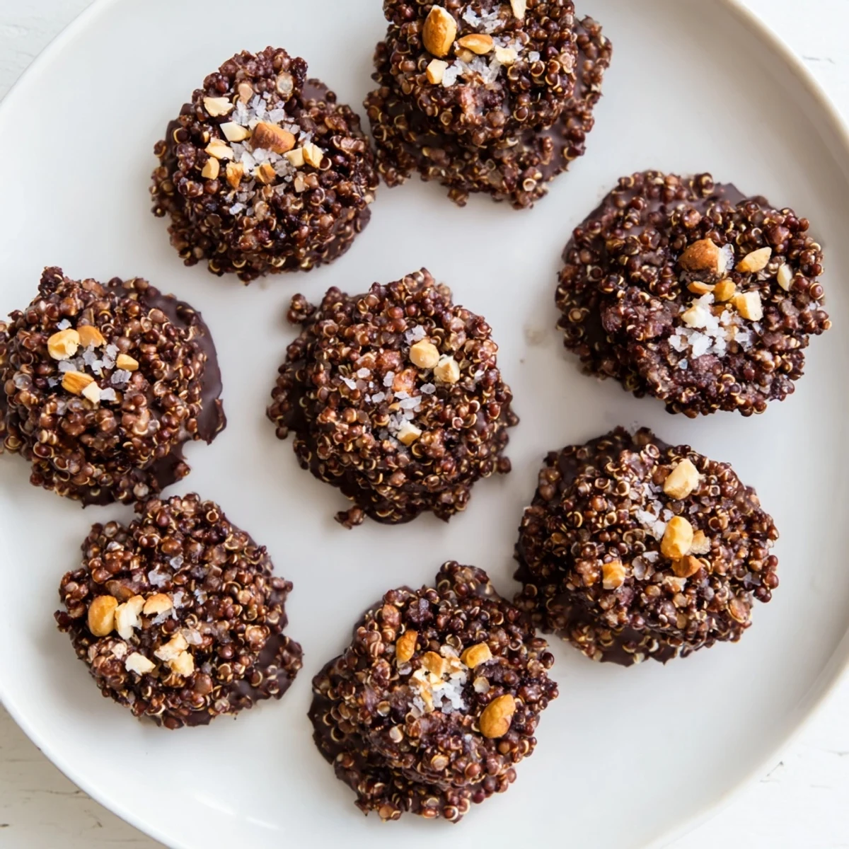 Dark chocolate quinoa crisps arranged on a marble board featuring glossy chocolate coating and crunchy toasted quinoa texture