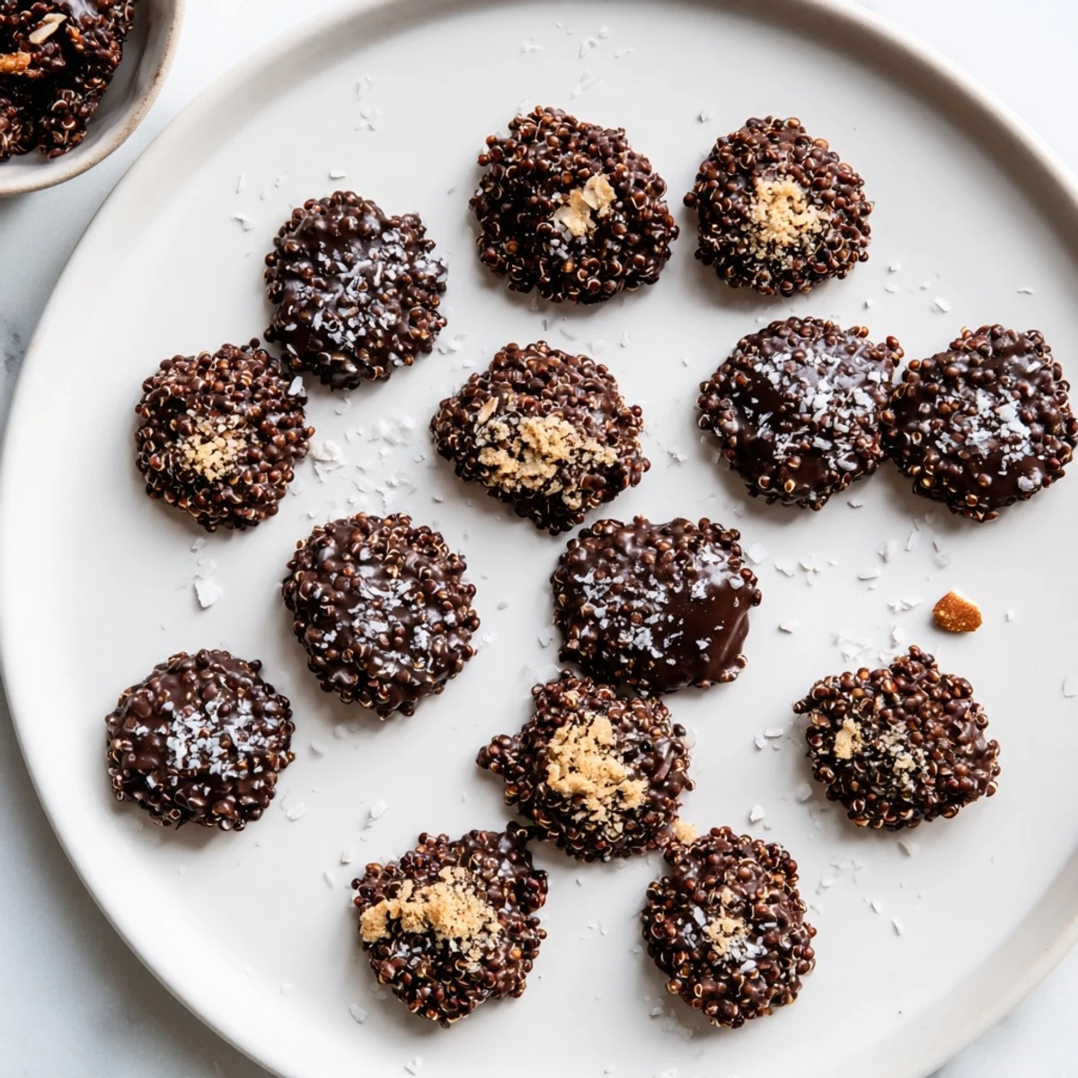 Golden brown quinoa crisps drizzled with melted dark chocolate and sprinkled with sea salt on white serving plate