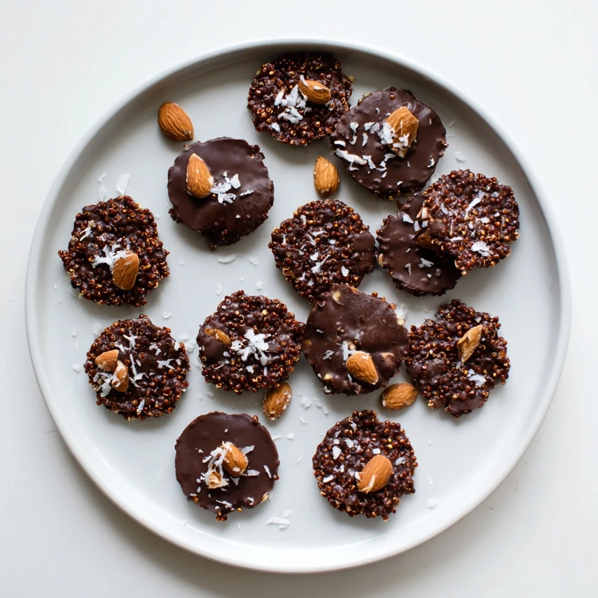 Homemade dark chocolate quinoa crisps stacked on a rustic wooden board showcasing their crisp texture and rich chocolate shine
