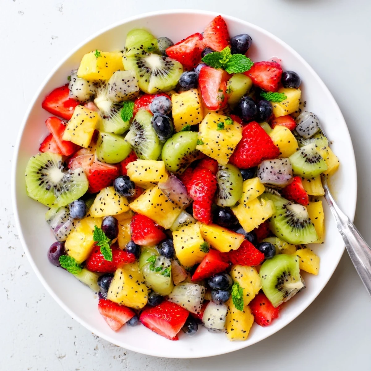 Colorful Easter fruit salad bowl with fresh strawberries, pineapple, kiwi, blueberries, and mint garnish