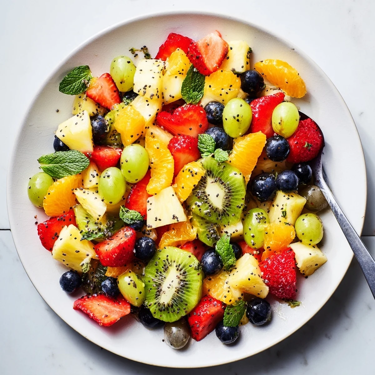 Vibrant spring fruit salad featuring honey-lime dressed strawberries, grapes, kiwi, and citrus for Easter brunch