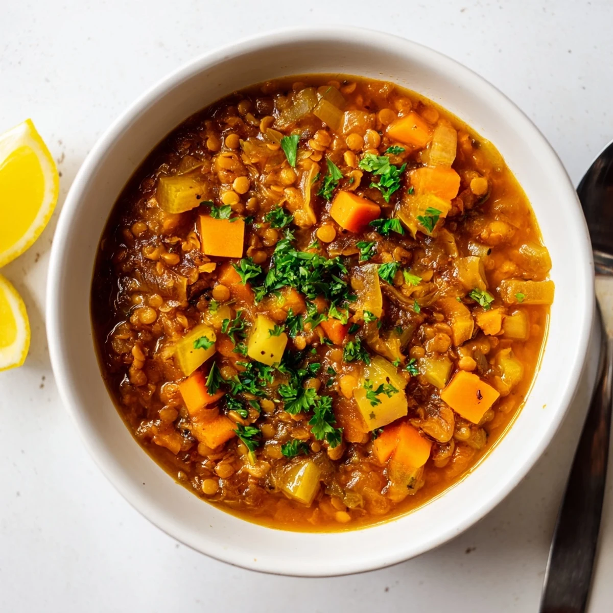 Bowl of caramelized onion red lentil soup garnished with fresh parsley and lemon
