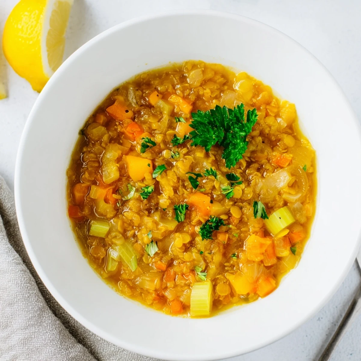 Creamy caramelized onion red lentil soup served with crusty bread for dipping