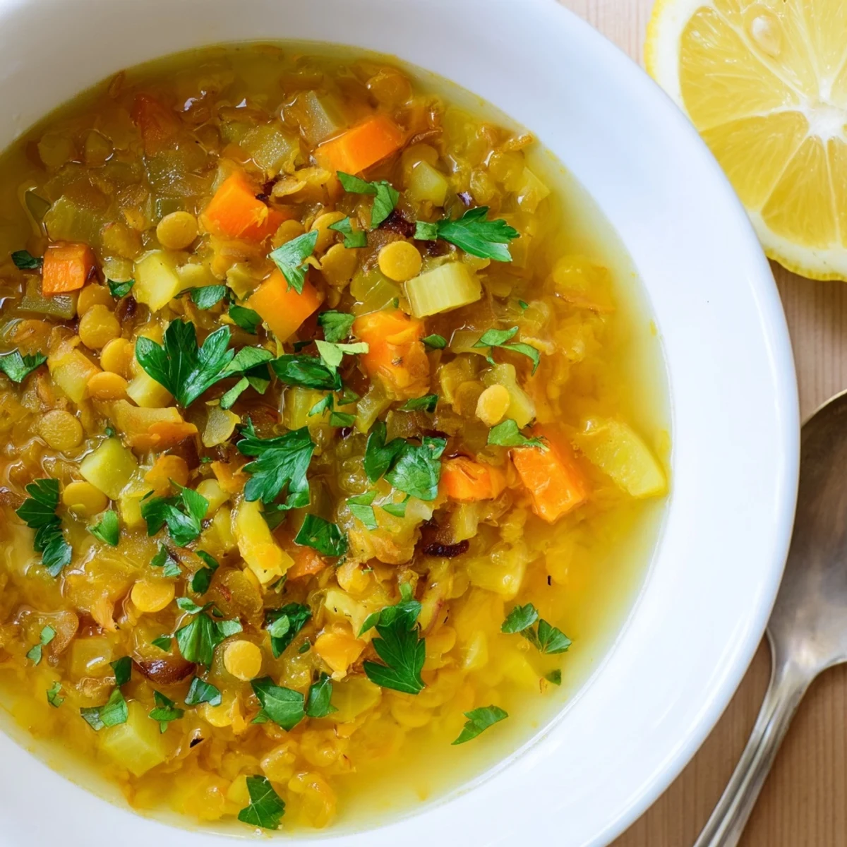 Golden caramelized onion red lentil soup in a white bowl with vibrant green parsley topping