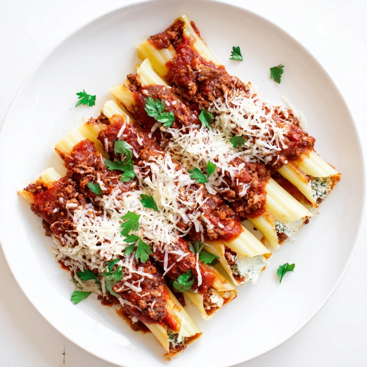 Baked cheesy stuffed manicotti with ricotta filling smothered in rich homemade meat sauce