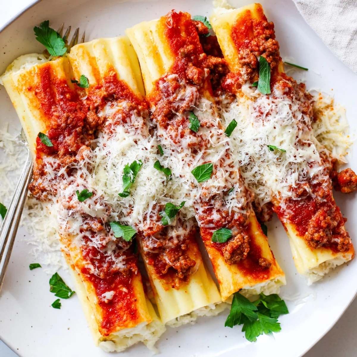 Golden melted cheese tops tender pasta tubes filled with creamy ricotta and savory beef tomato sauce