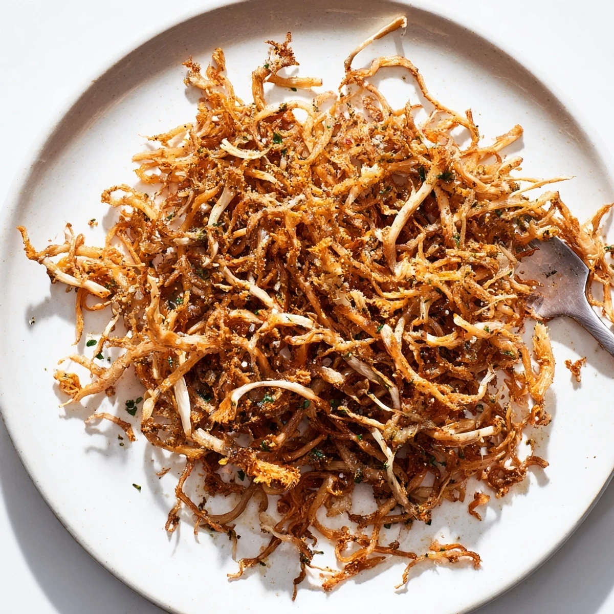 Crispy baked mushroom carnitas topped with fresh cilantro and diced red onion