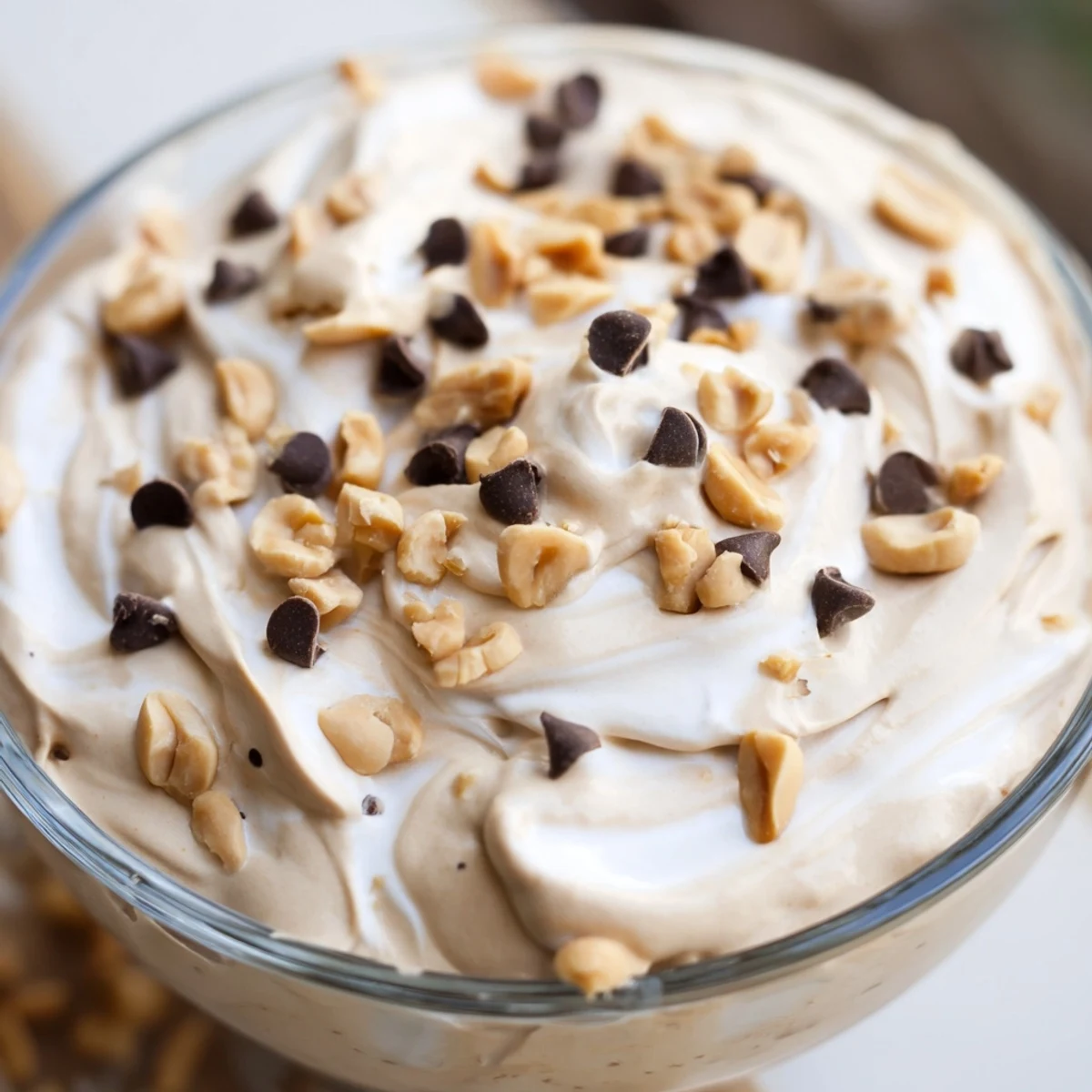 Fluffy peanut butter and Cool Whip mousse dessert served in elegant glasses with a light airy texture