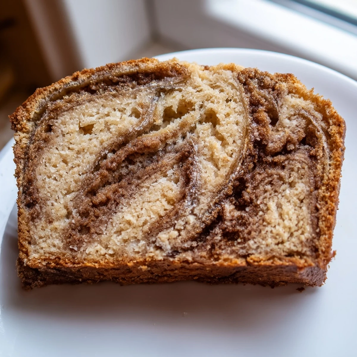 Golden slice of cinnamon sugar swirl banana bread with a marbled cinnamon layer throughout