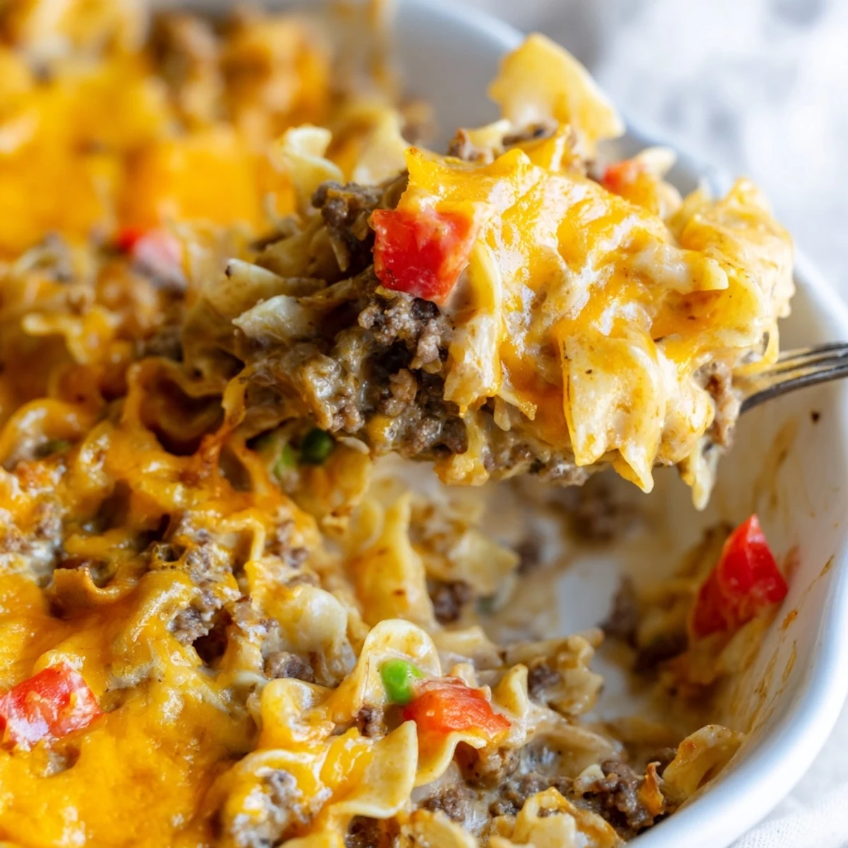 Golden cheesy beef and noodle casserole fresh from the oven with bubbling melted cheddar topping