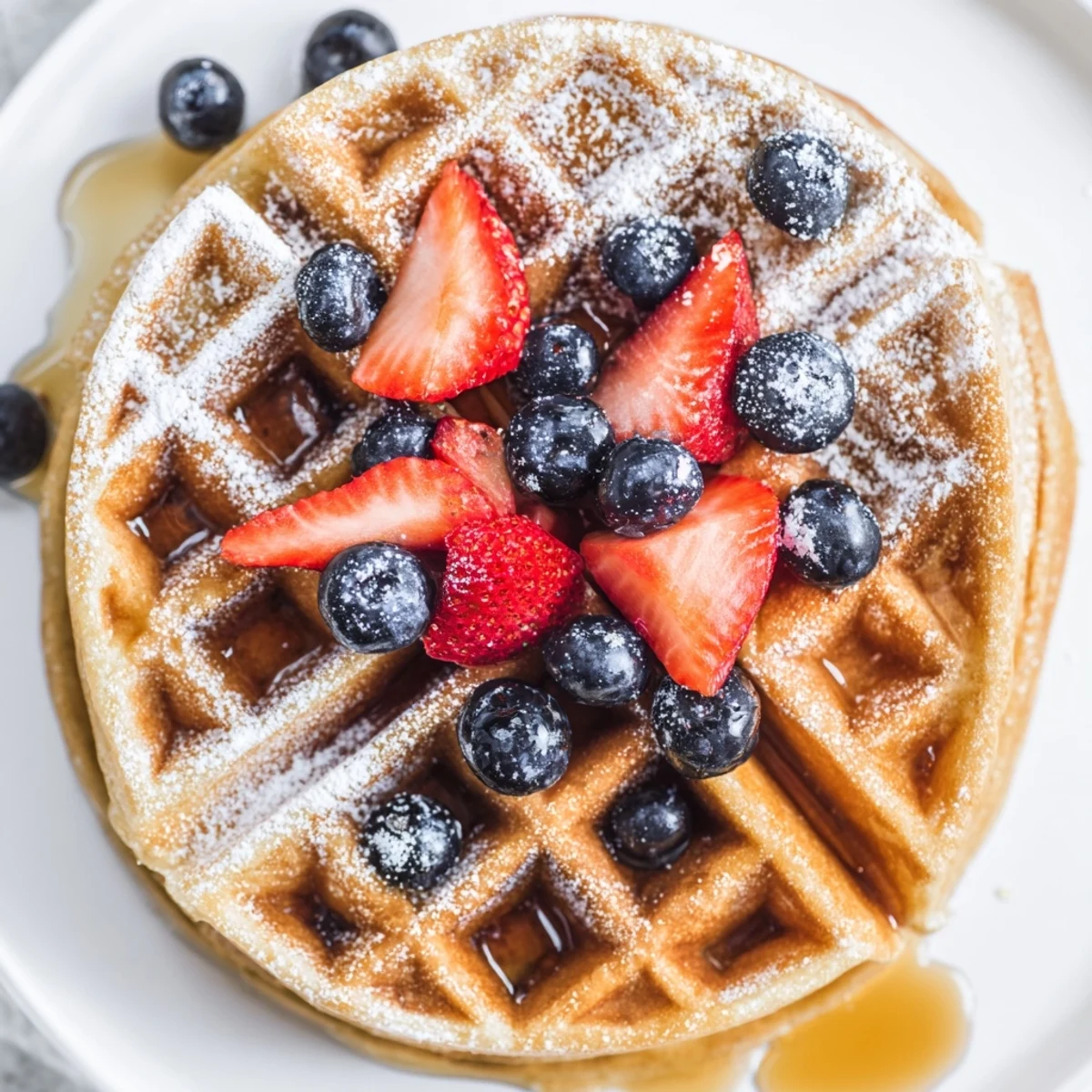 Golden crispy Greek yogurt waffles stacked on a white plate with maple syrup drizzle