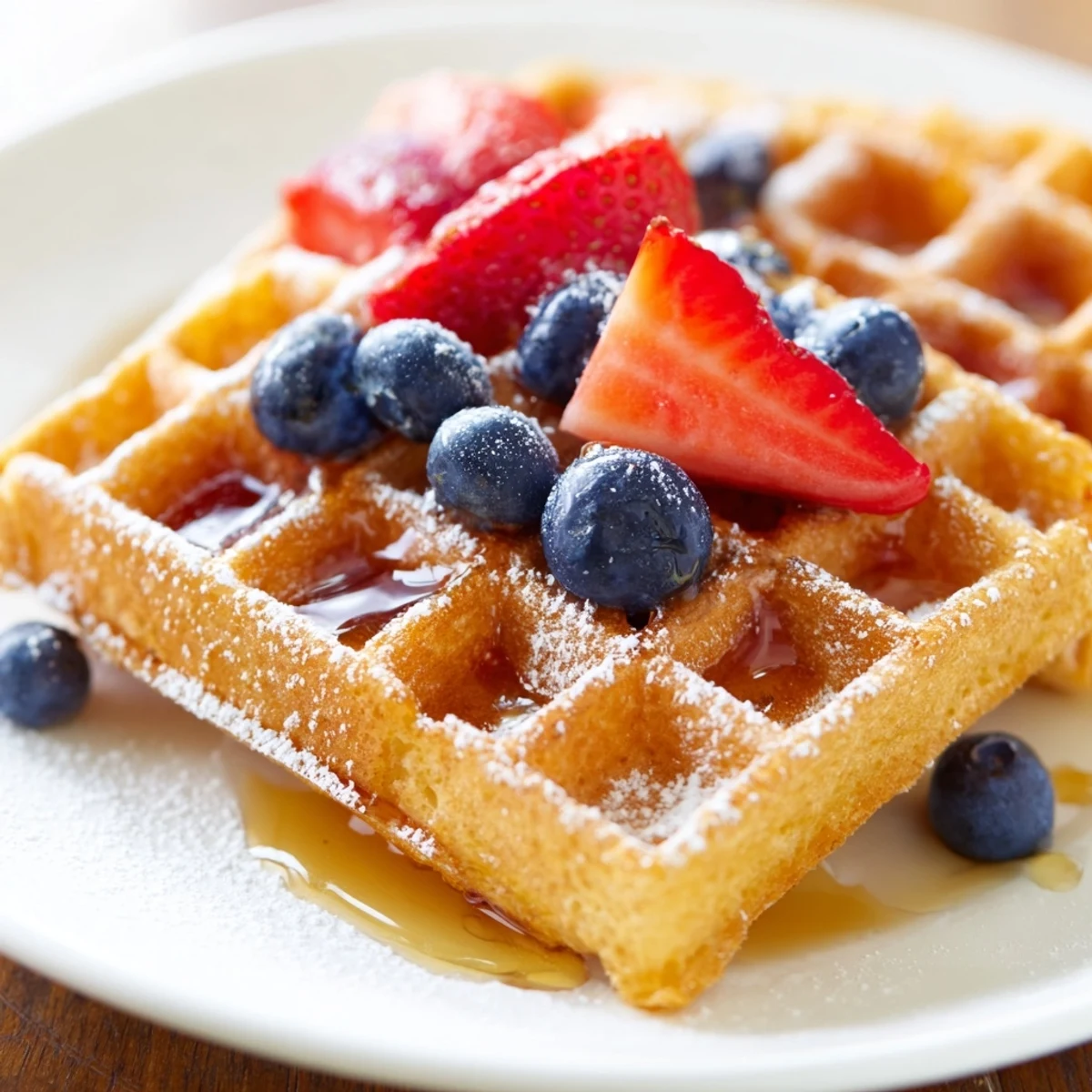 Fluffy Greek yogurt waffles topped with fresh berries and a pat of butter