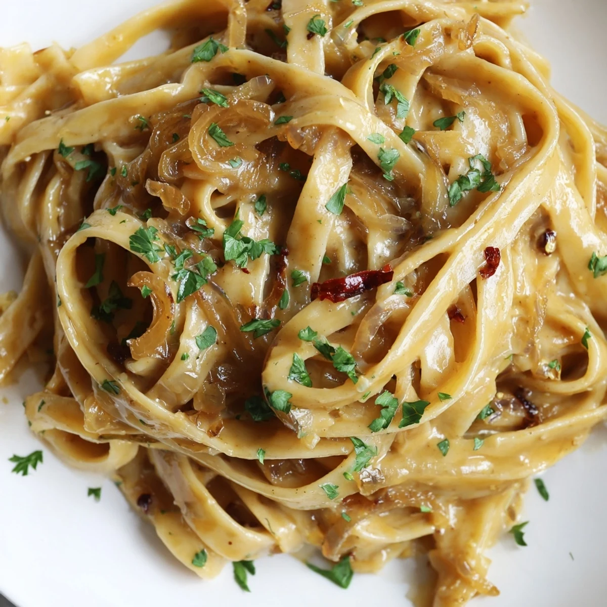 Creamy Sweet Heat Caramelized Onion Fettuccine topped with fresh parsley and Parmesan cheese