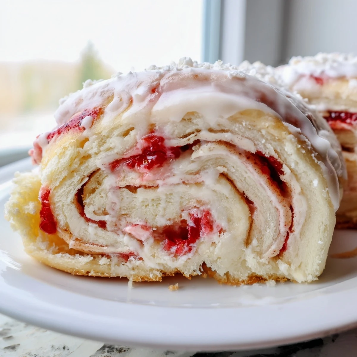 Golden Strawberry Shortcake Cheesecake Rolls drizzled with sweet vanilla glaze on rustic white plate