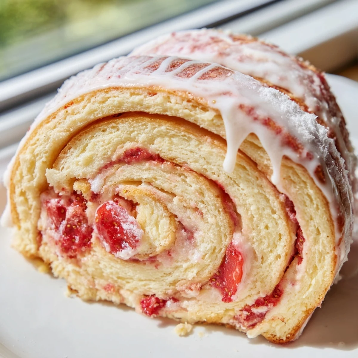 Soft baked Strawberry Shortcake Cheesecake Rolls with creamy filling oozing from every spiral slice