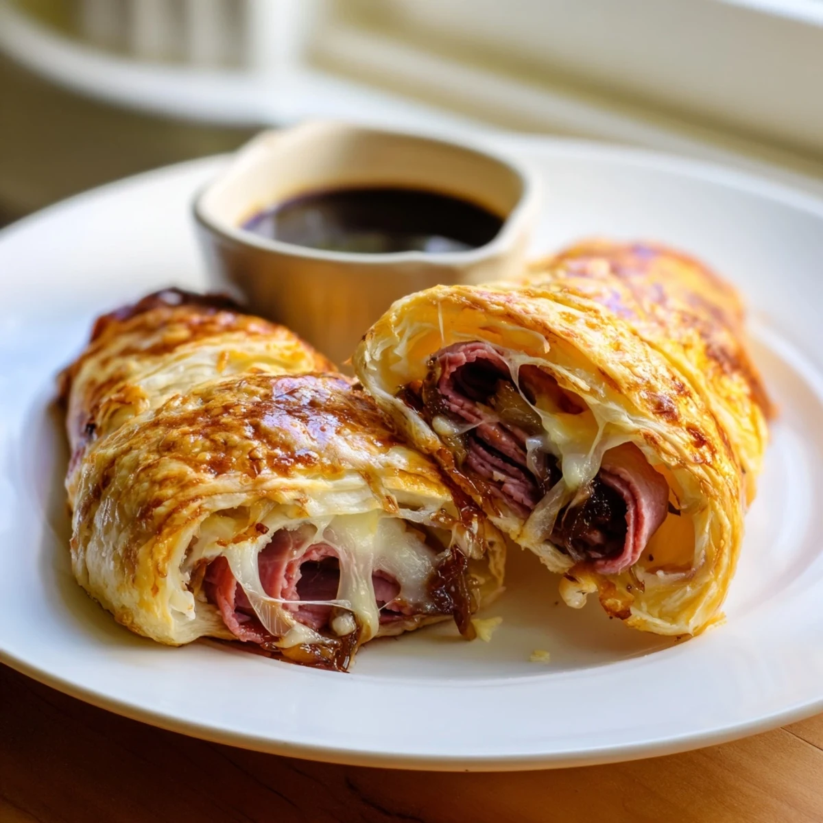 Golden beef and cheese French dip roll ups served with savory au jus dipping sauce