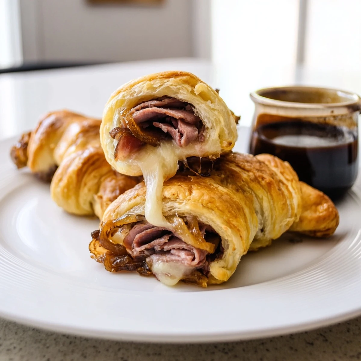 Baked beef and cheese French dip roll ups with melty provolone and tender roast beef