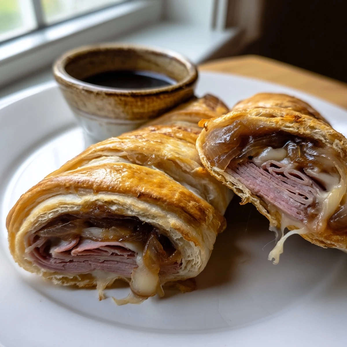 Crescent-wrapped beef and cheese French dip roll ups arranged on a rustic wooden cutting board