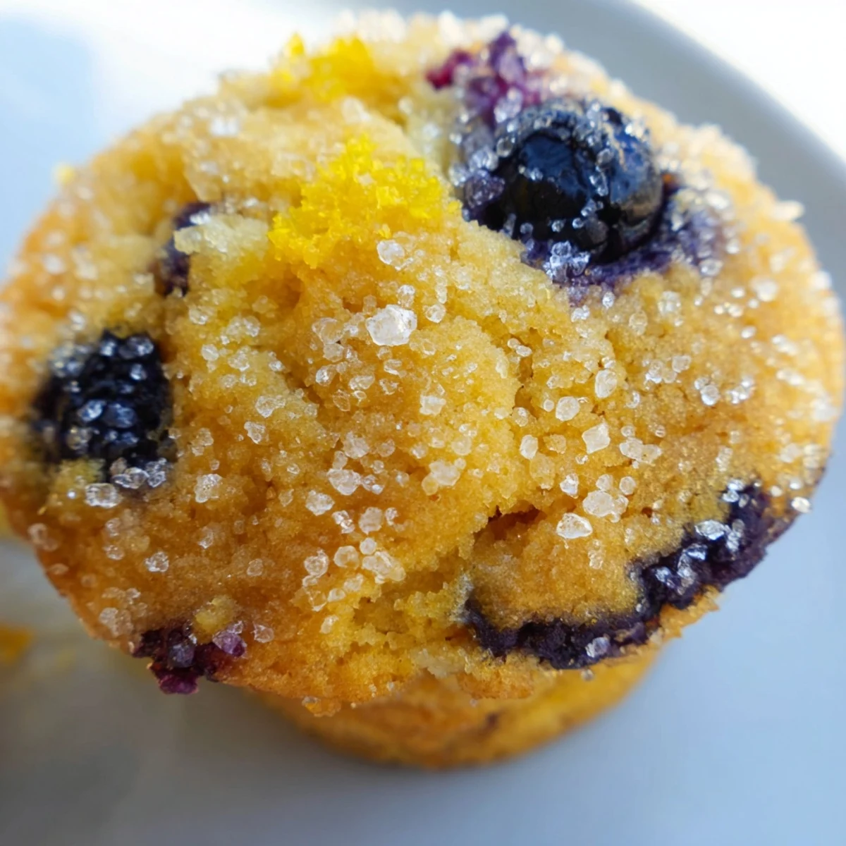 Golden lemon blueberry muffins topped with sparkling sugar on a rustic white plate