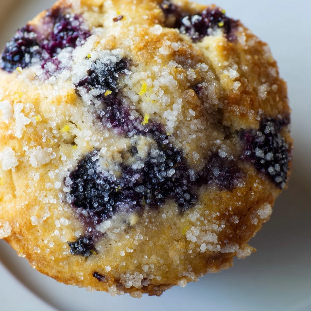 Fresh lemon blueberry muffins with burst blueberries and tender cakey texture displayed close-up