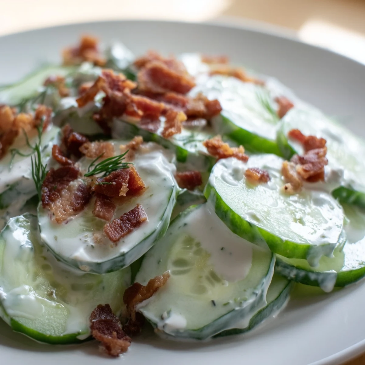 Crisp cucumber salad with smoky bacon and creamy tangy dressing in a white serving bowl