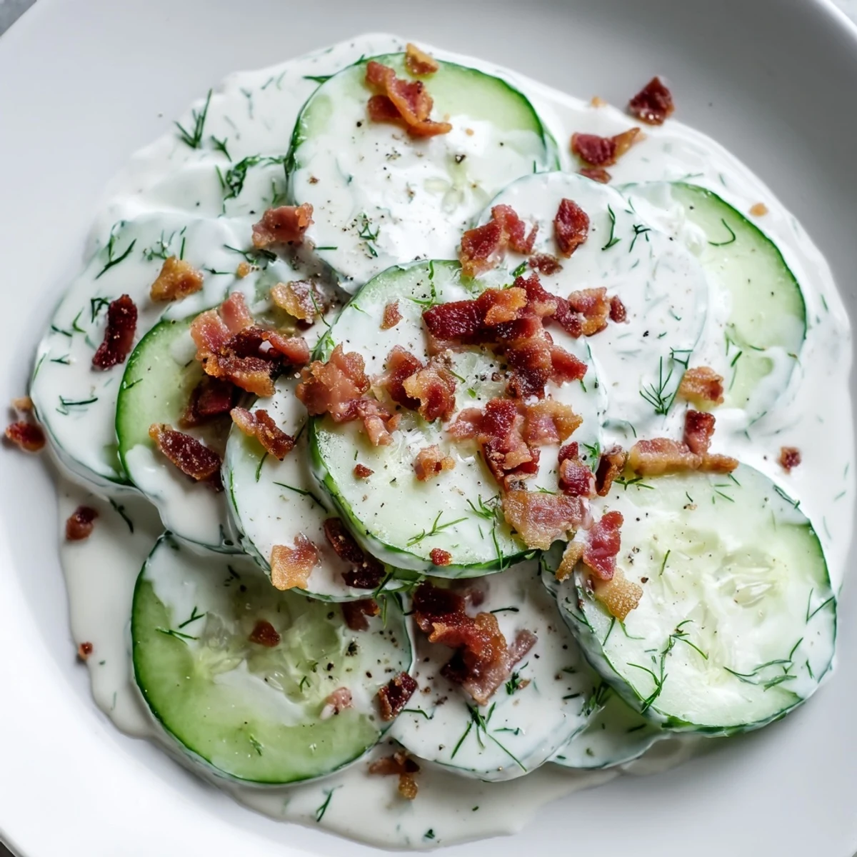 Thinly sliced cucumbers and red onion tossed with crumbled bacon in a light yogurt dressing