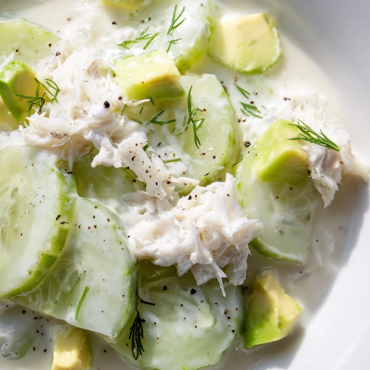 Crisp cucumber salad with crab meat topped with fresh dill and lemon wedges