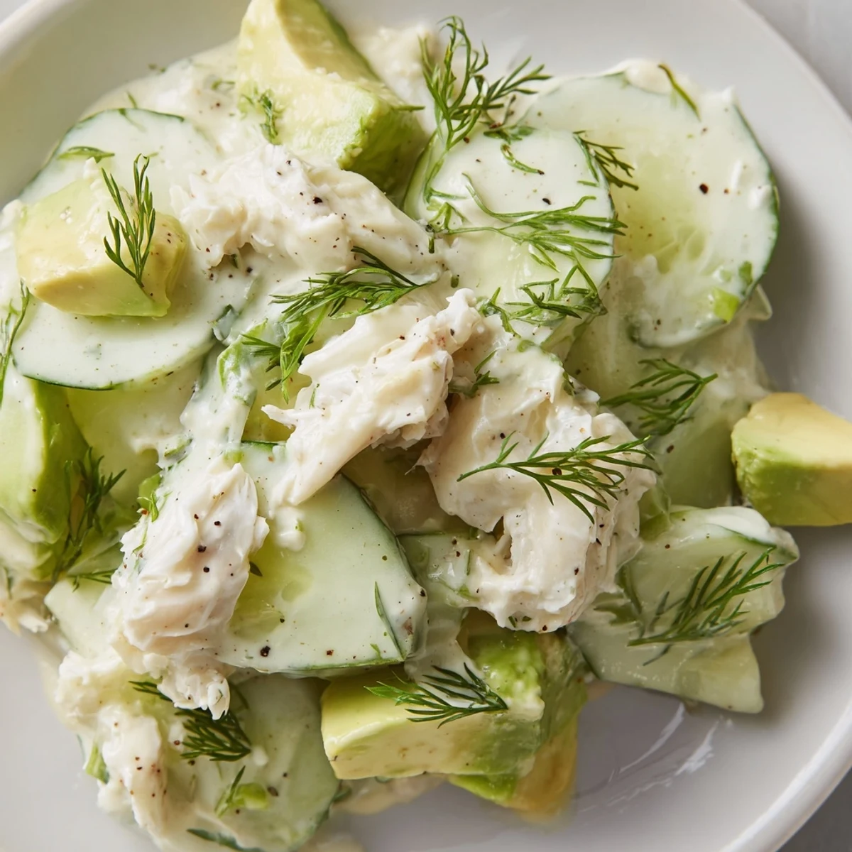 Creamy cucumber salad with crab meat served in a white ceramic bowl
