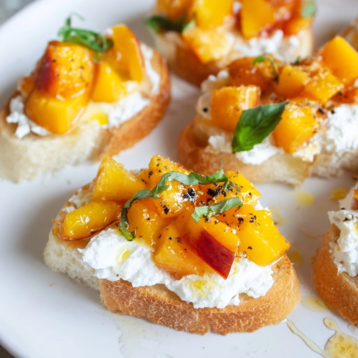 Golden toasted baguette slices topped with creamy ricotta and vibrant peach bruschetta
