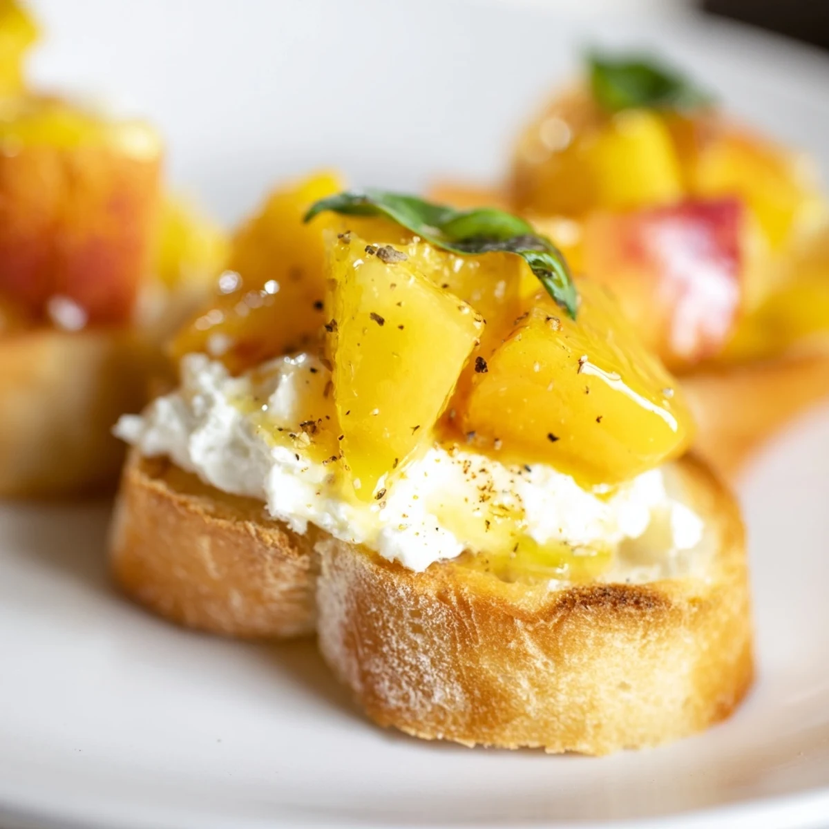 Juicy diced peaches and fresh basil crown crisp peach bruschetta on rustic bread