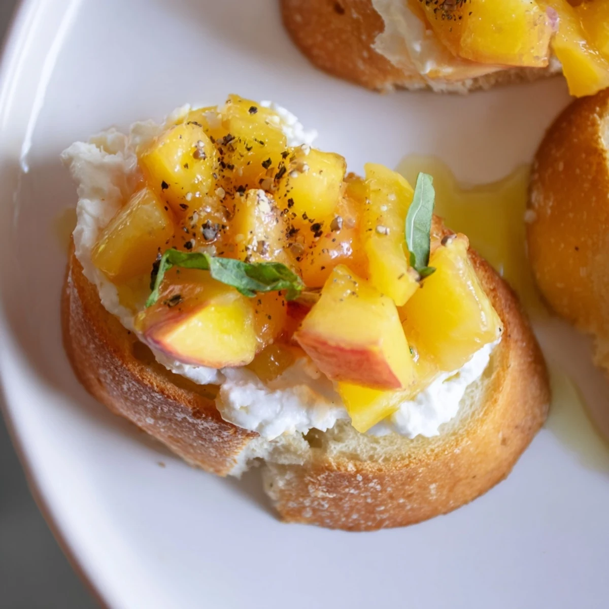 Warm crusty bread layered with sweet honey-drizzled peach bruschetta and velvety ricotta