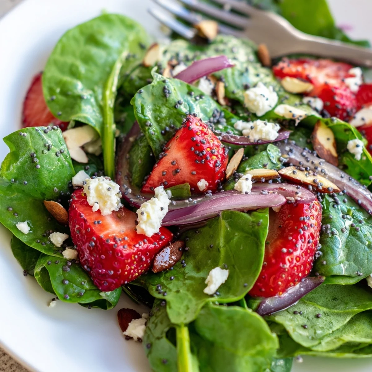 Fresh strawberry spinach salad drizzled with glossy balsamic poppy seed dressing in a wooden bowl