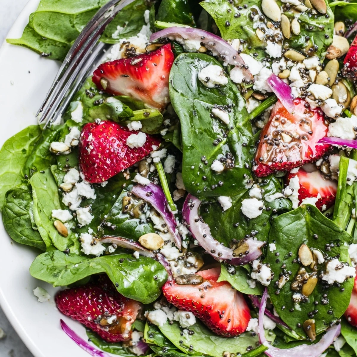 Strawberry spinach salad topped with crumbled feta, toasted almonds, and sliced red onion