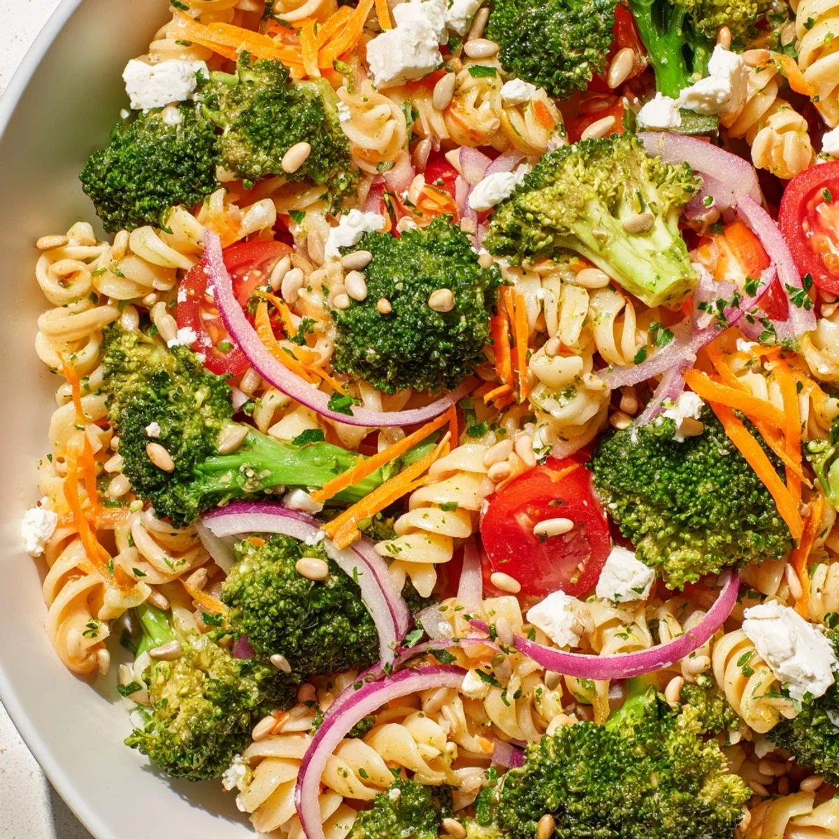 Fresh broccoli pasta salad in a serving bowl with colorful vegetables and zesty lemon dressing