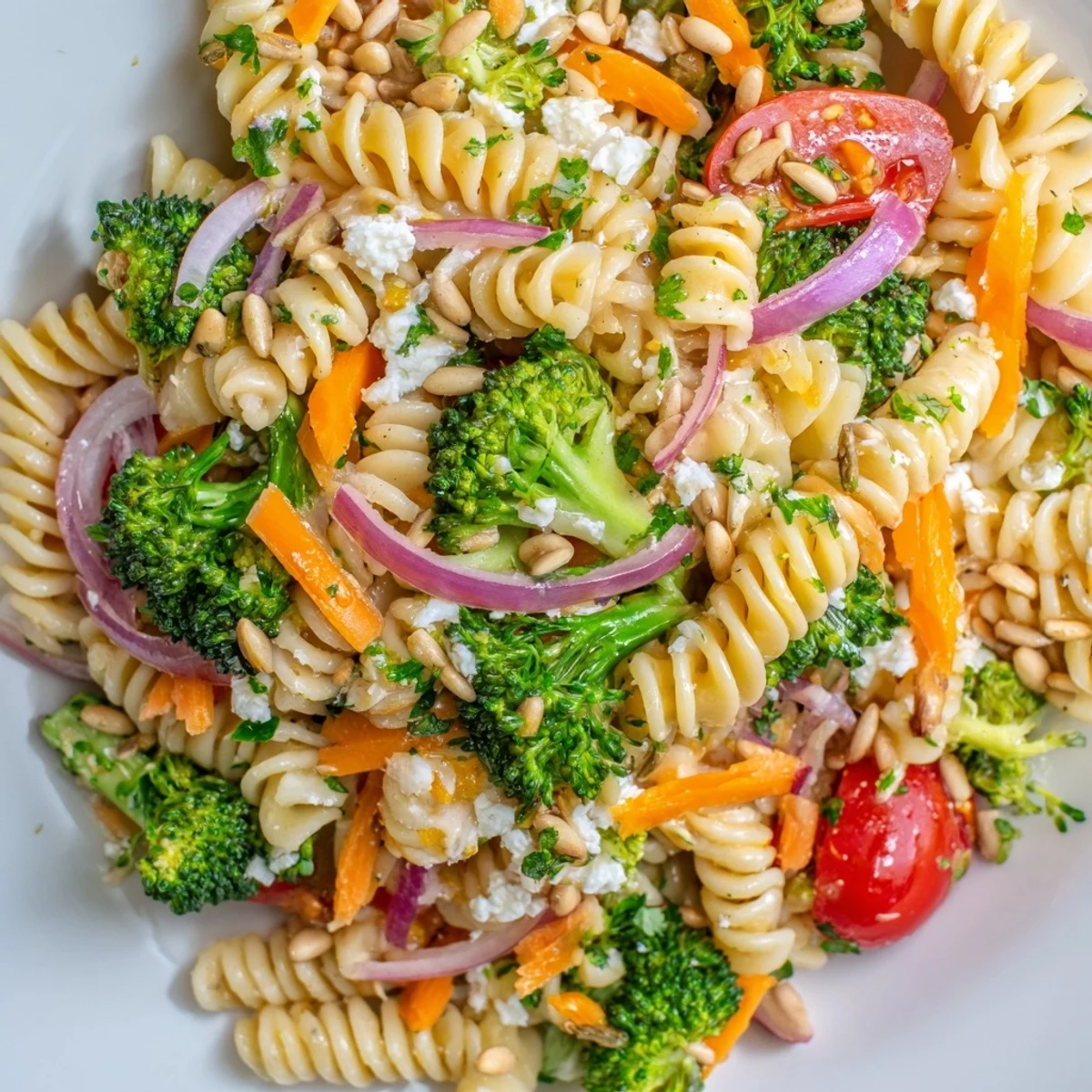 Crisp broccoli pasta salad topped with crumbled feta cheese and toasted sunflower seeds