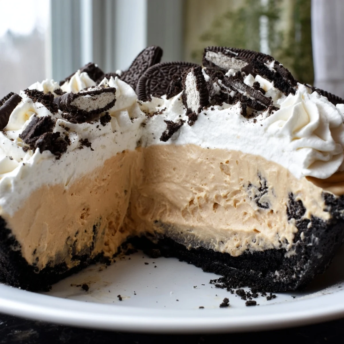 Creamy peanut butter Oreo pie with fluffy whipped topping and cookie crumbles on a dessert plate