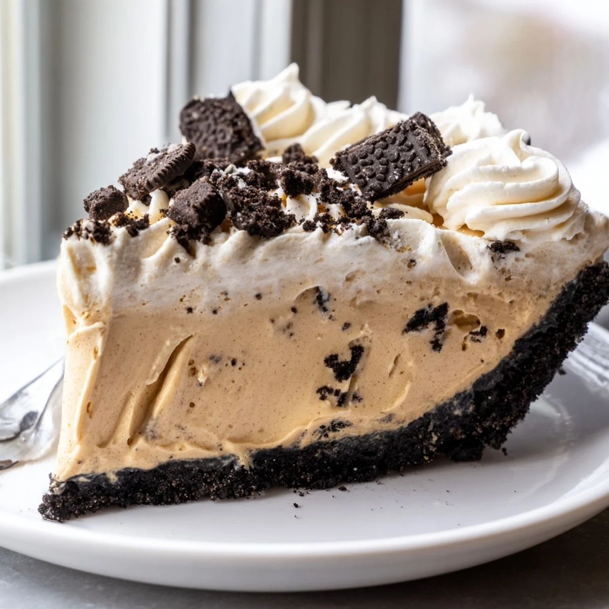 Silky peanut butter Oreo pie sliced to reveal chocolate cookie crust and smooth cream cheese filling