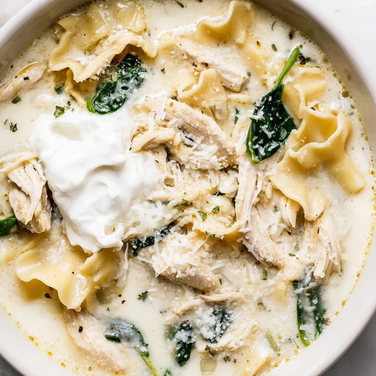 Creamy white lasagna soup in a rustic bowl topped with melted mozzarella and fresh cracked pepper